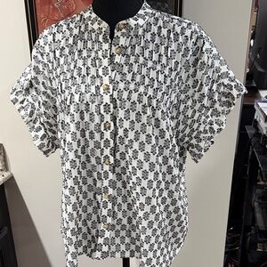 Womens short sleeve linen print Pilcro button down short sleeve top XL